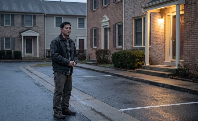 A person adult discovers an empty curb before sunrise and pauses to identify who has the repossessed vehicle.