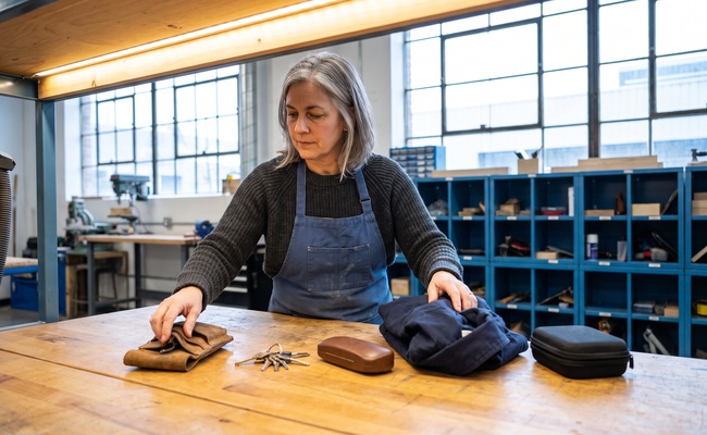 A person adult groups ordinary removable belongings on a makerspace workbench before a retrieval appointment.