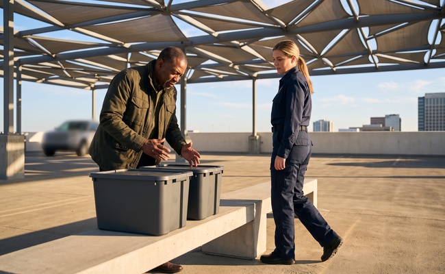 A person adult receives two plain belongings totes from an attendant on a secure rooftop holding deck.