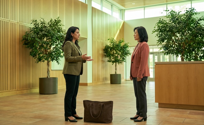 A person adult calmly escalates a belongings-release problem with a supervisor in a civic reception area.