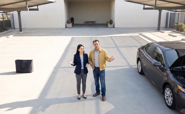 Two adults distinguish belongings, vehicle, and account problems across separate zones in an open-air courtyard.