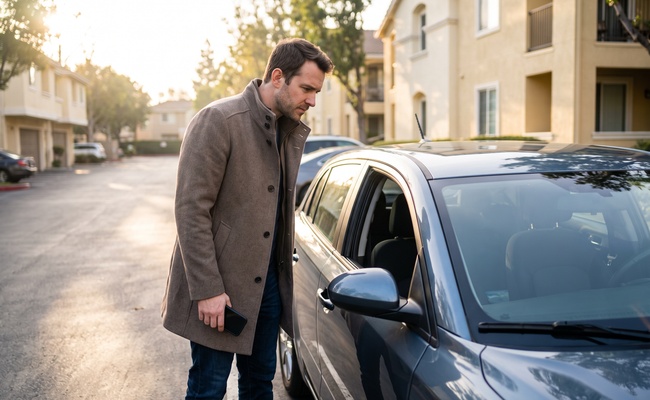 A person borrower considering a car loan kill switch warning beside a vehicle