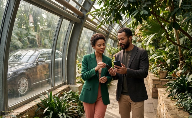 A person pair discussing a car loan kill switch question beside a parked vehicle