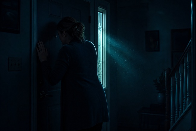 Worried woman looking through her front door peephole at an unexpected evening visitor
