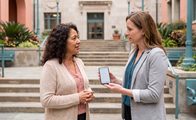 A person speaks with a housing counselor beside a blank phone in a civic courtyard while confirming FHA mortgage details.