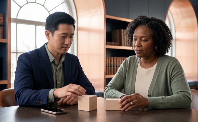 Two adults compare blank geometric blocks beside a phone in a quiet public-library consultation alcove.