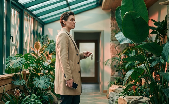 A person nonbinary homeowner studies keys beside a blank phone in a modern glass-roof conservatory.