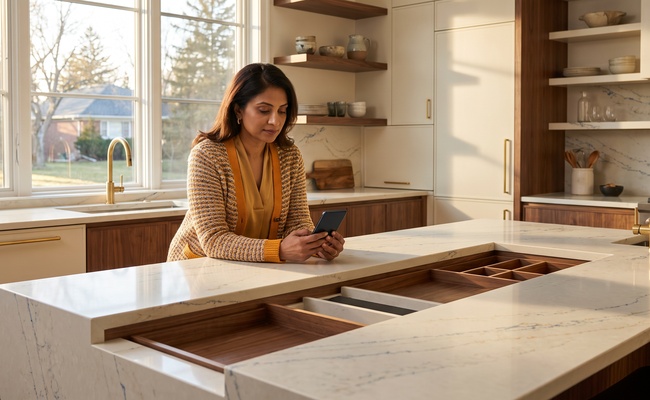 A person homeowner studies a blank phone at a bright kitchen island while considering mortgage-payment components.