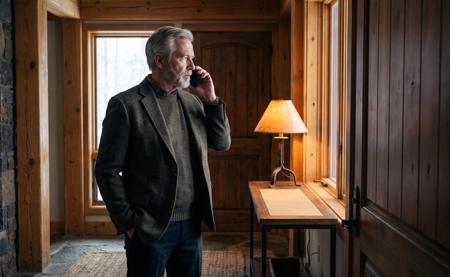 A person homeowner listens to a blank phone beside a closed door in a quiet mountain-lodge entry.