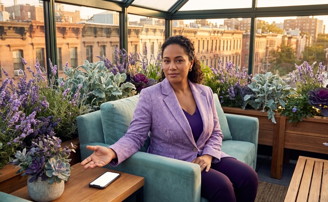 A person homeowner asks a calm FHA partial-claim question in a rooftop greenhouse lounge.