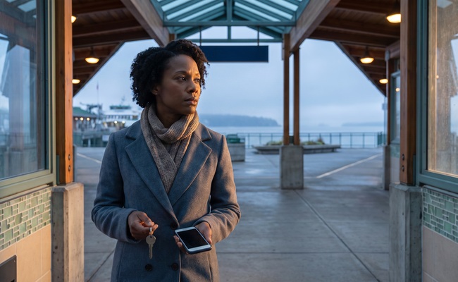 A person homeowner weighs a short sale versus deed in lieu at a covered coastal transit plaza.