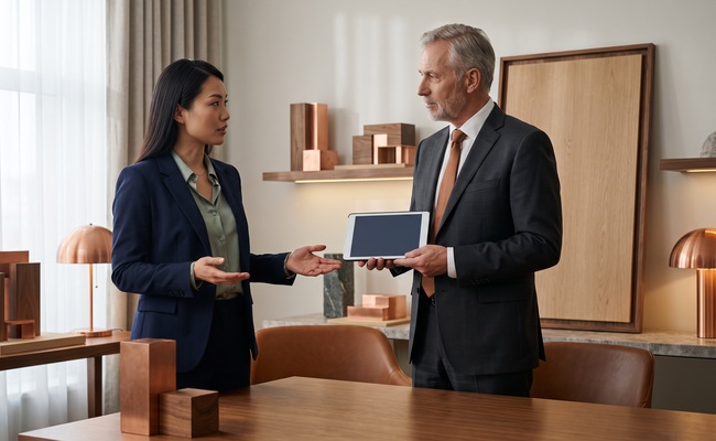 Two adults discuss a short-sale approval path in a refined real-estate consultation studio.
