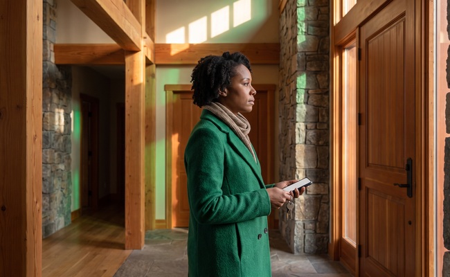 A person homeowner considers a voluntary property transfer beside a closed door in a quiet wood-and-stone entryway.