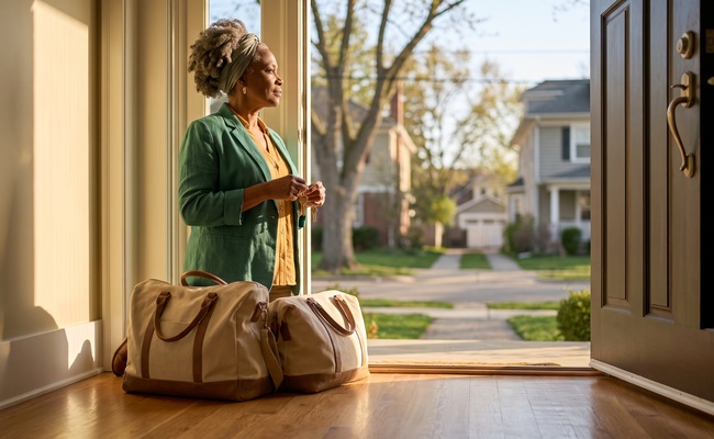 A person homeowner considers relocation timing beside neutral moving bags at a sunlit threshold.