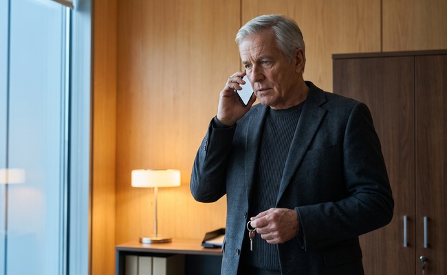 A person homeowner listens to a blank phone beside an unmarked cabinet in a modern records room.