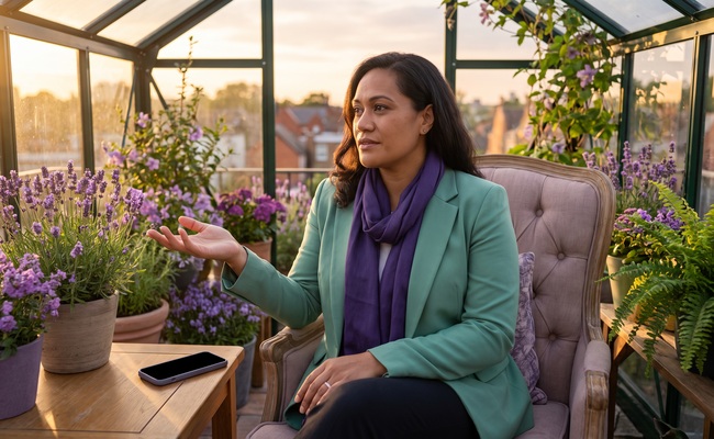 A person homeowner asks a calm question beside a blank phone in a rooftop greenhouse conversation nook.
