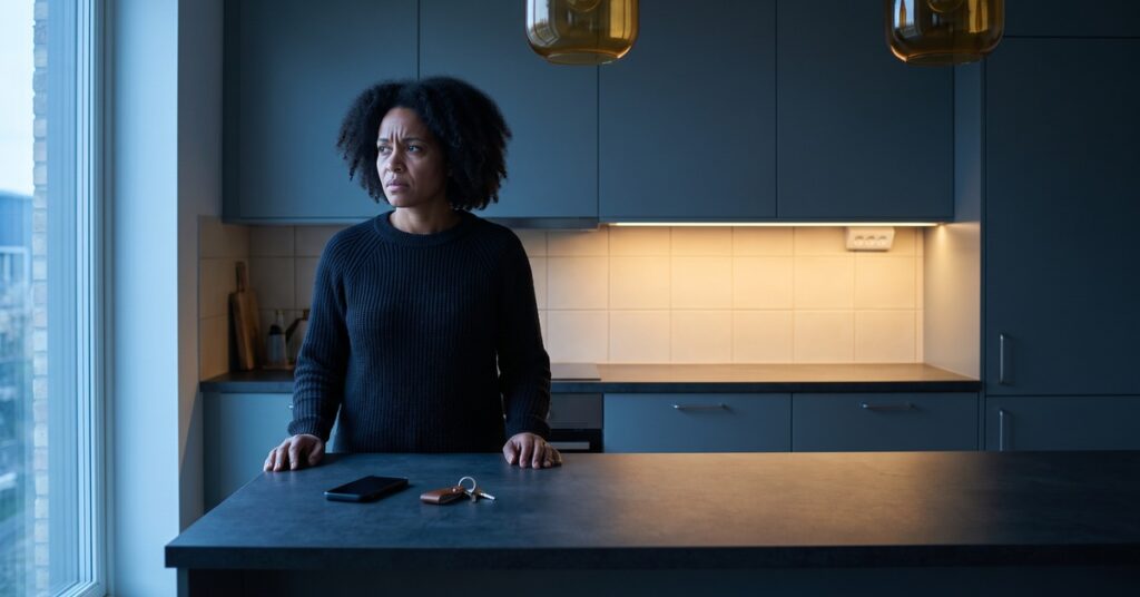 A person homeowner who received foreclosure notice reviews next steps with a blank phone in a dawn kitchen.