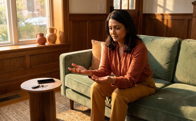 A person homeowner weighs mortgage-relief options in a sunlit townhouse living room.