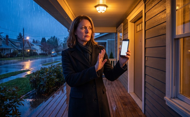 A person homeowner rejects an unseen scam call on a rainy suburban porch.