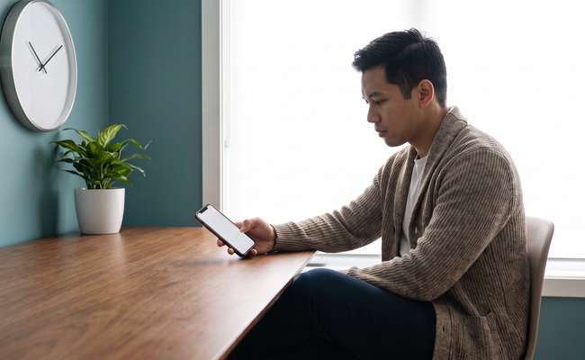 A person homeowner verifying a mortgage account and due date on a blank phone