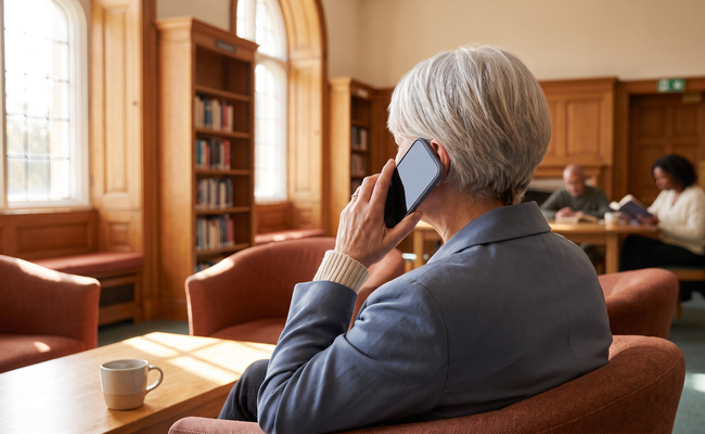 A person adult calling a mortgage servicer from a quiet public library lounge