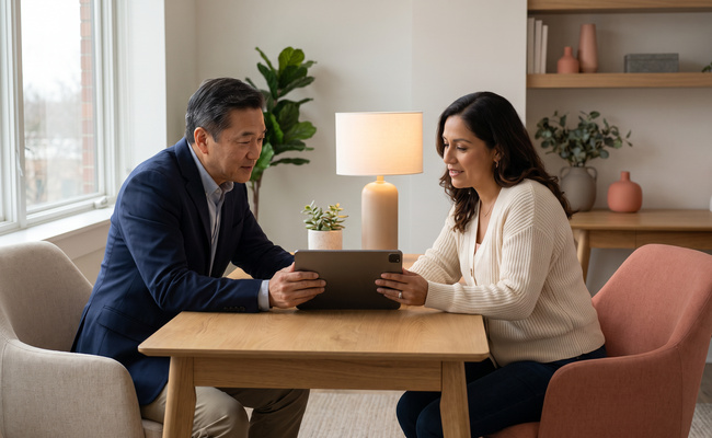 A person homeowner discussing mortgage hardship options with a counselor in a bright office