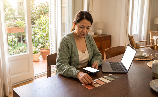 A person homeowner organizing a mortgage payment timeline at a sunlit dining table