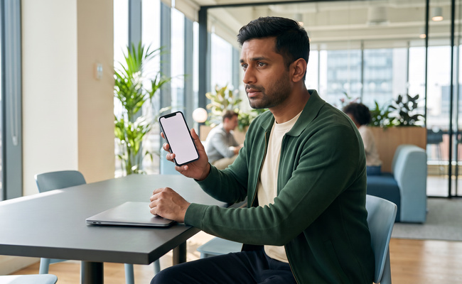 A person homeowner checking a verified mortgage-help contact in a bright coworking lounge