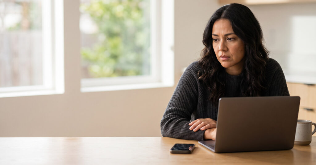 A person reviewing a negative bank account balance and planning next steps at a kitchen table