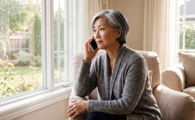 A person speaking calmly with a bank representative by phone