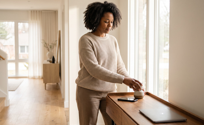 A person setting a practical routine in a bright home entryway