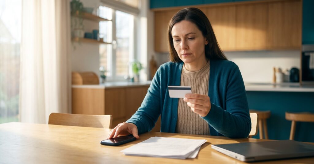 A person reviews a debit card and phone while preparing to ask her bank to refund an overdraft fee.