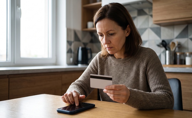 A person reviews a debit card and phone while reconstructing an overdraft transaction timeline.