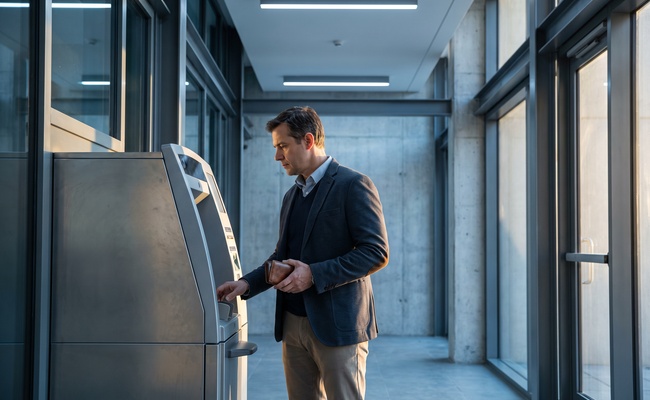 A person checks his wallet and turned-away phone near a generic ATM while reviewing overdraft settings.