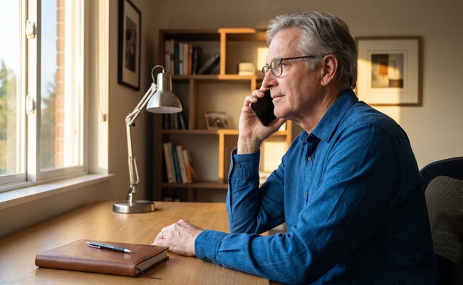 A person older person prepares a focused bank-service request by phone with a blank notebook nearby.