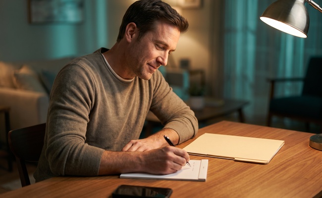 A person documents a bank response beside a phone and closed plain folder.