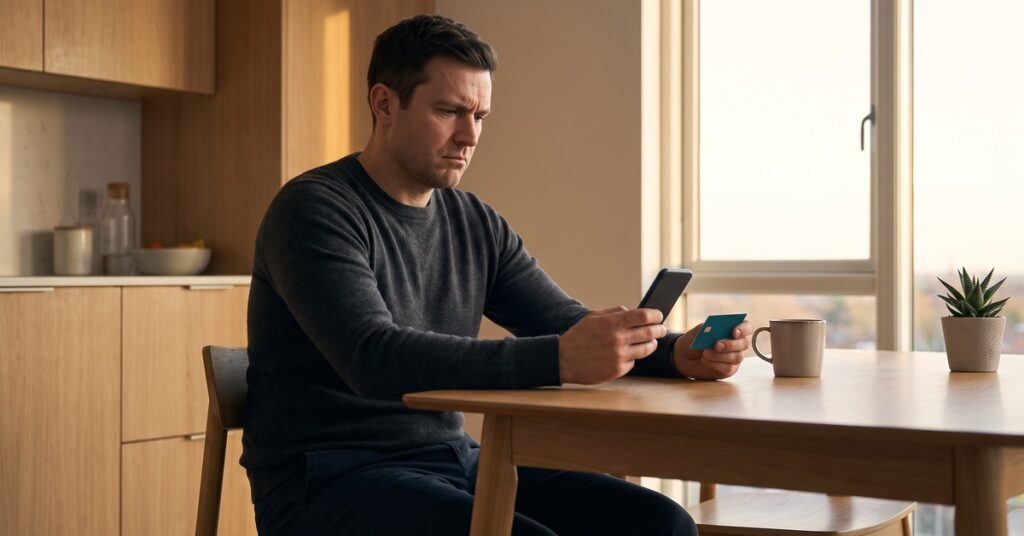 A person reviewing a bank account after recurring overdraft fees appear before an automatic payment posts.