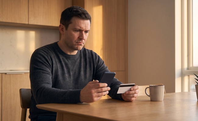 A person reviews a bank account after recurring overdraft fees appear before a deposit.