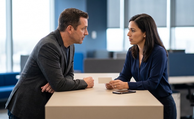 A person has a calm service conversation with a bank representative in an unbranded setting.