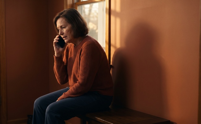 A person adult person records a bank response with a phone turned away in a quiet home entryway.