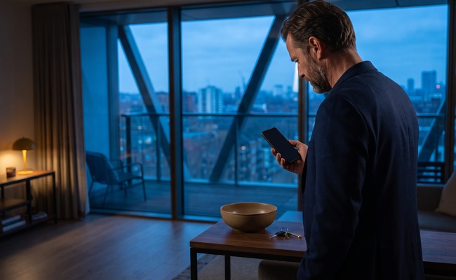 A person-aged adult person checks a turned-away phone while reviewing a low-balance alert routine.