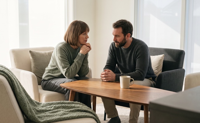 A person couple discusses a practical account-prevention plan in a bright living area.