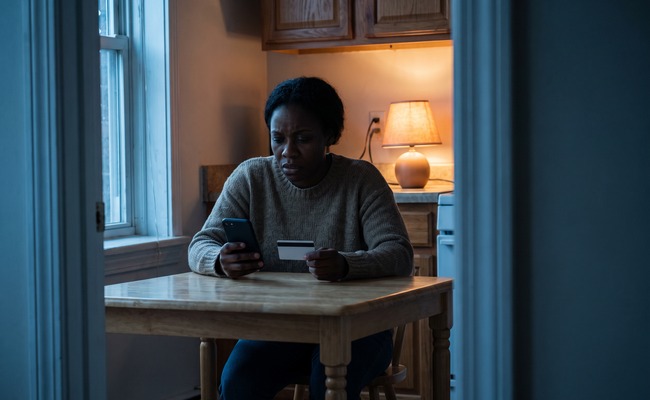 A person learning that an overdrawn bank account is closed while checking a turned-away phone.
