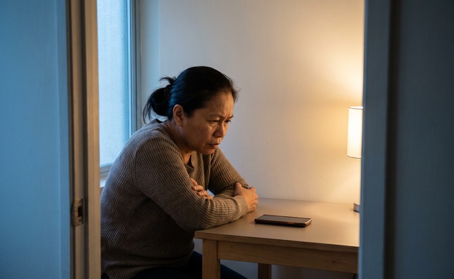 A person, Maya reviewing a ChexSystems report with a turned-away phone in a neutral setting