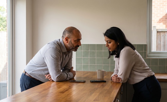 A person and adult person reviewing a ChexSystems report with a turned-away phone in a neutral setting