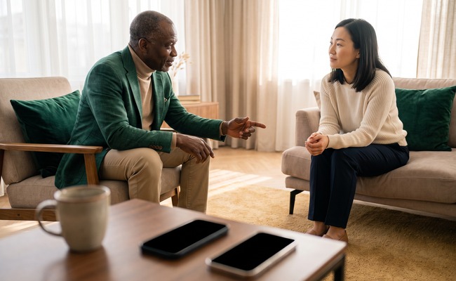 A person and adult person reviewing a ChexSystems report with a turned-away phone in a neutral setting