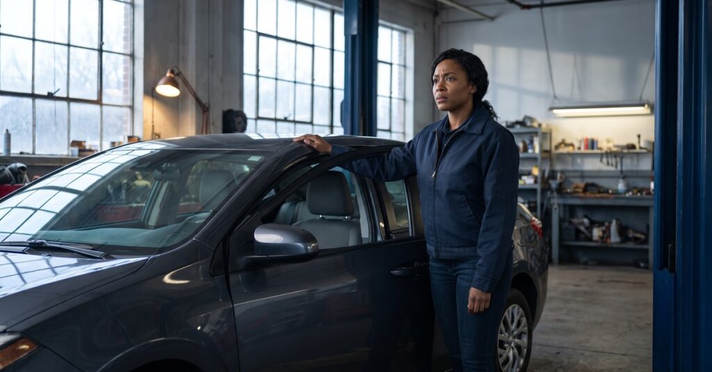A person adult considers a plan to pay for car repair without debt beside a parked vehicle, showing uncertainty and practical resolve.