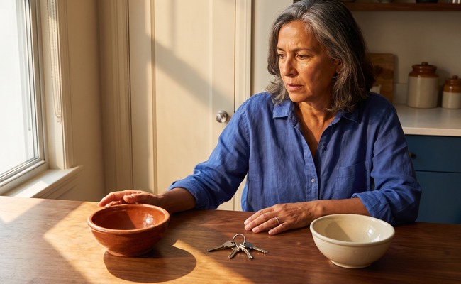A person an older adult separating protected household essentials from available repair cash using two empty bowls, without money or documents.