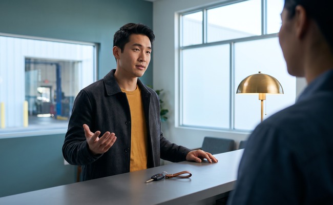 A person a young adult asking a careful service question about repair timing and safe staging, with an empty counter and no documents.