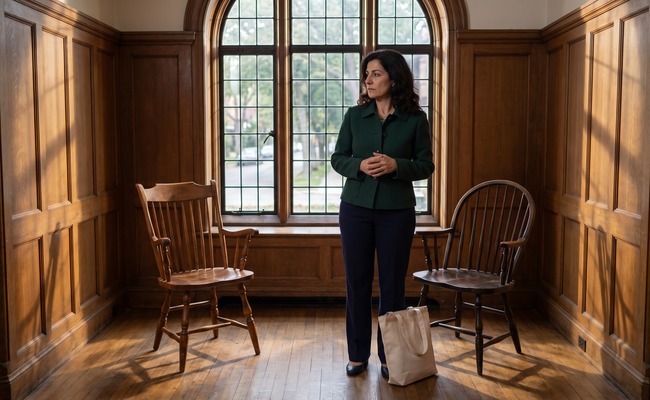 A person a visual metaphor for comparing two repair-funding options: an adult stands between two empty chairs in a library alcove, thoughtful and cautious.